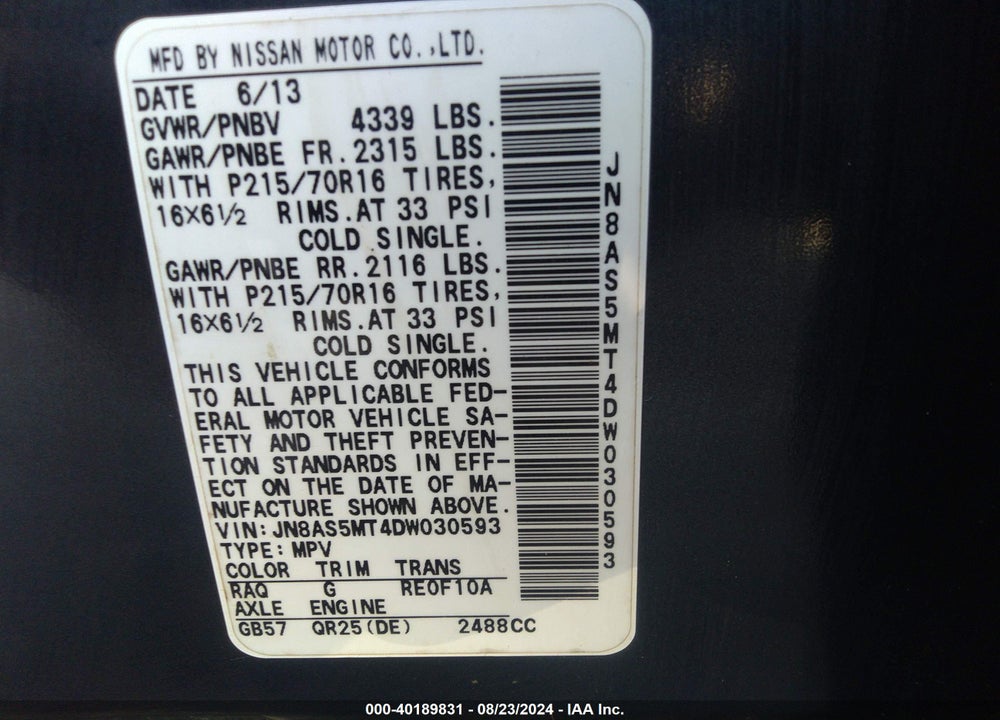 2013 NISSAN ROGUE S VIN: JN8AS5MT4DW030593