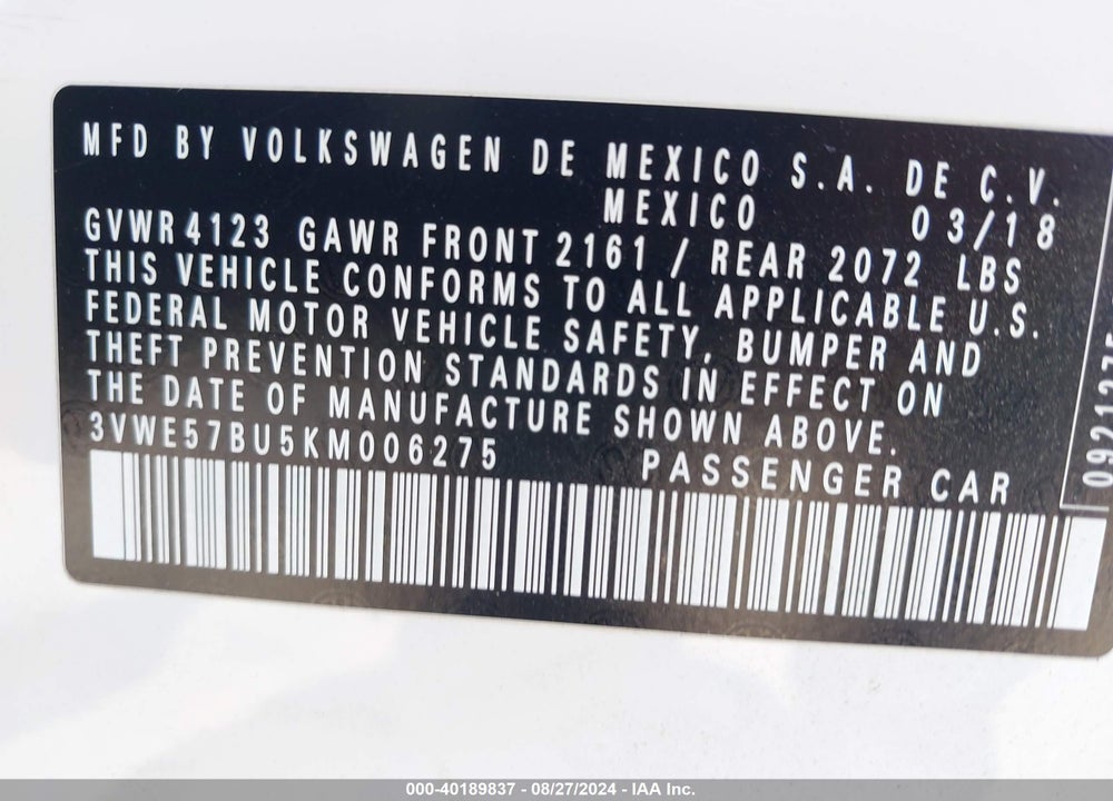 2019 VOLKSWAGEN JETTA 1.4T SEL VIN: 3VWE57BU5KM006275