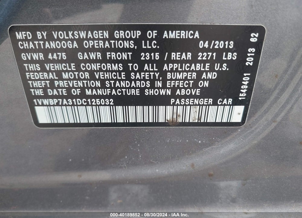 2013 VOLKSWAGEN PASSAT 2.5L SE VIN: 1VWBP7A31DC125032
