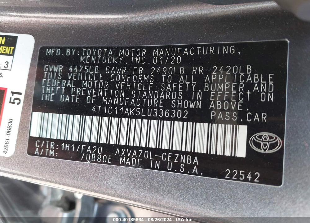 2020 TOYOTA CAMRY LE VIN: 4T1C11AK5LU336302