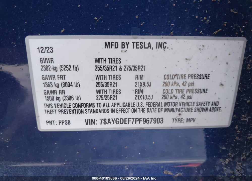 2023 TESLA MODEL Y AWD/PERFORMANCE DUAL MOTOR ALL-WHEEL DRIVE VIN: 7SAYGDEF7PF967903