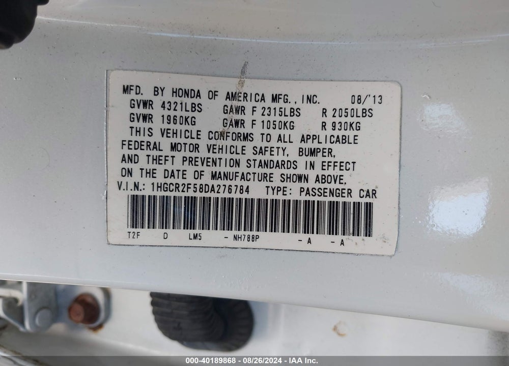 2013 HONDA ACCORD SPORT VIN: 1HGCR2F58DA276784