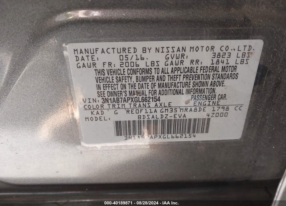 2016 NISSAN SENTRA SV VIN: 3N1AB7APXGL662154