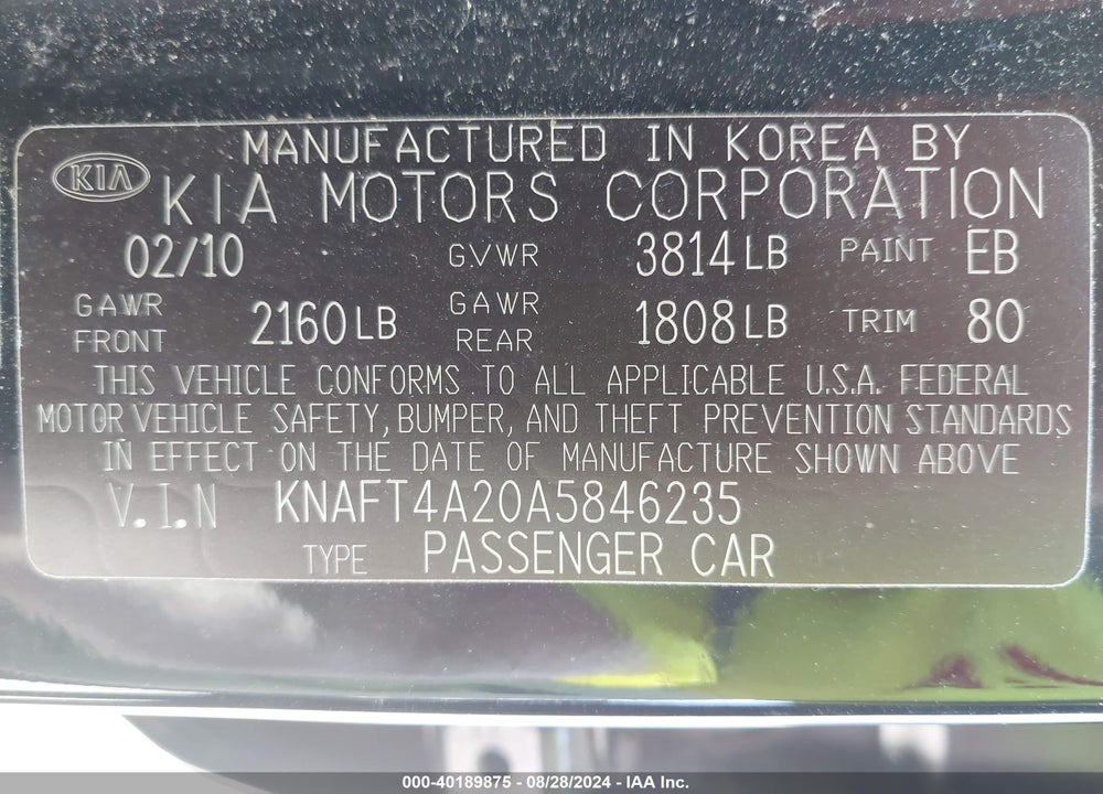 2010 KIA FORTE LX VIN: KNAFT4A20A5846235