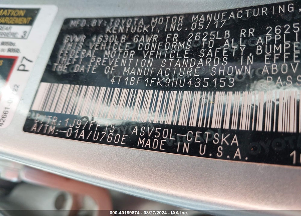 2017 TOYOTA CAMRY SE VIN: 4T1BF1FK9HU435153