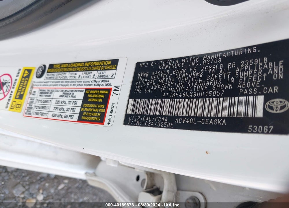 2009 TOYOTA CAMRY SE VIN: 4T1BE46KX9U815057