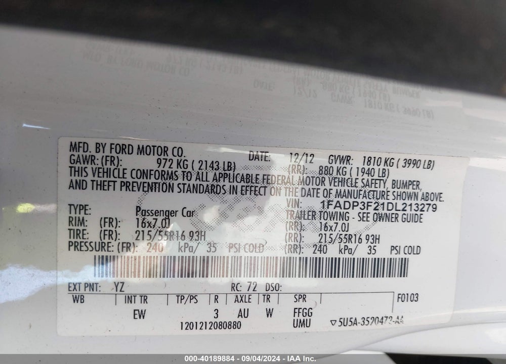 2013 FORD FOCUS SE VIN: 1FADP3F21DL213279