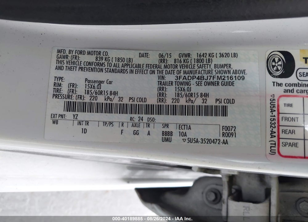 2015 FORD FIESTA SE VIN: 3FADP4BJ7FM216109