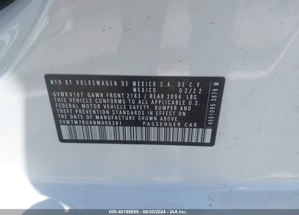 2022 VOLKSWAGEN JETTA 1.5T SE VIN: 3VW7M7BU6NM005281
