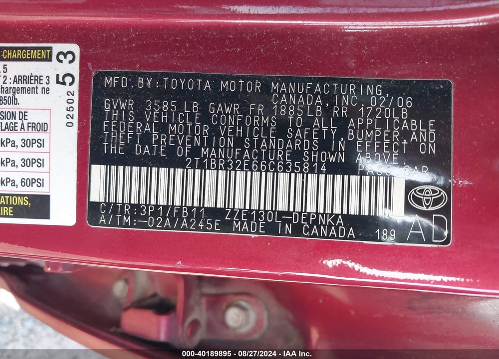 2006 TOYOTA COROLLA LE VIN: 2T1BR32E66C635814