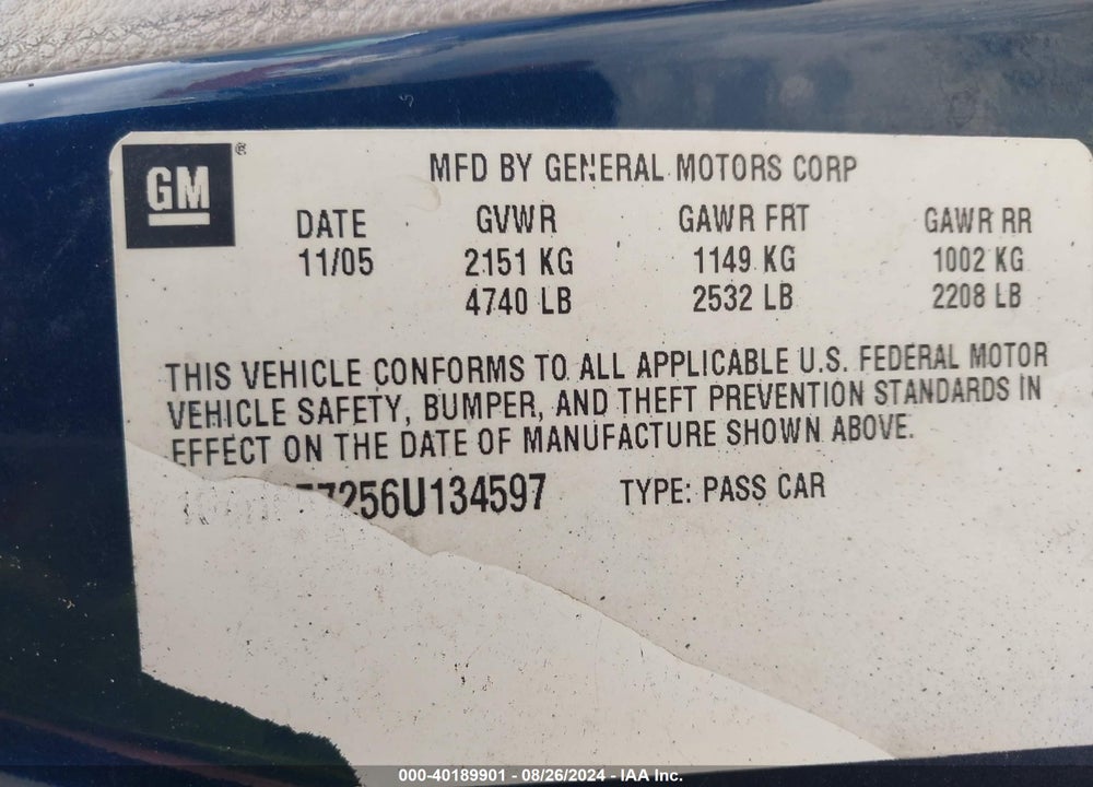 2006 BUICK LUCERNE CX VIN: 1G4HP57256U134597