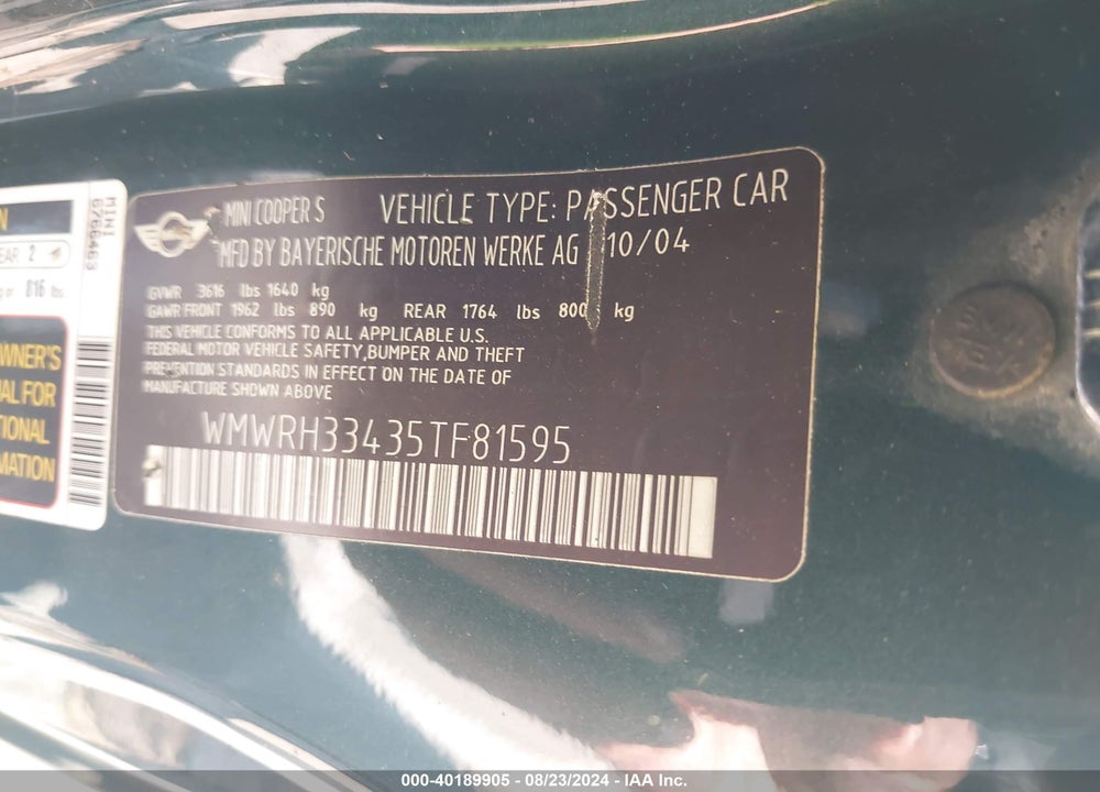 2005 MINI COOPER S VIN: WMWRH33435TF81595