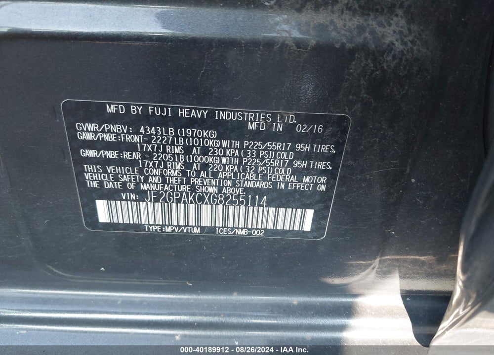 2016 SUBARU CROSSTREK 2.0I LIMITED VIN: JF2GPAKCXG8255114