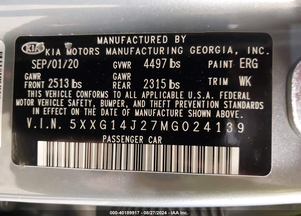 2021 KIA K5 LXS VIN: 5XXG14J27MG024139