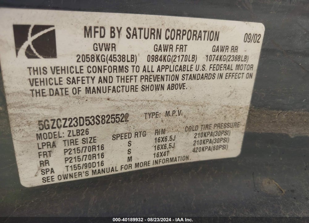 2003 SATURN VUE 4 CYL VIN: 5GZCZ23D53S825522