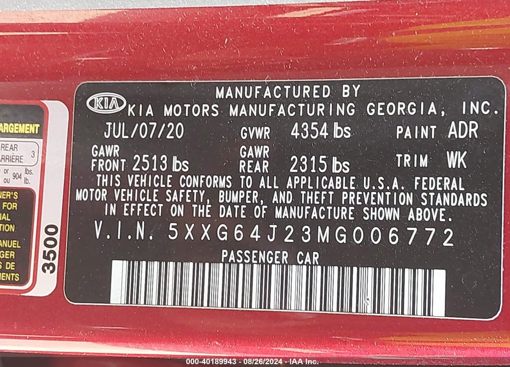 2021 KIA K5 GT LINE VIN: 5XXG64J23MG006772