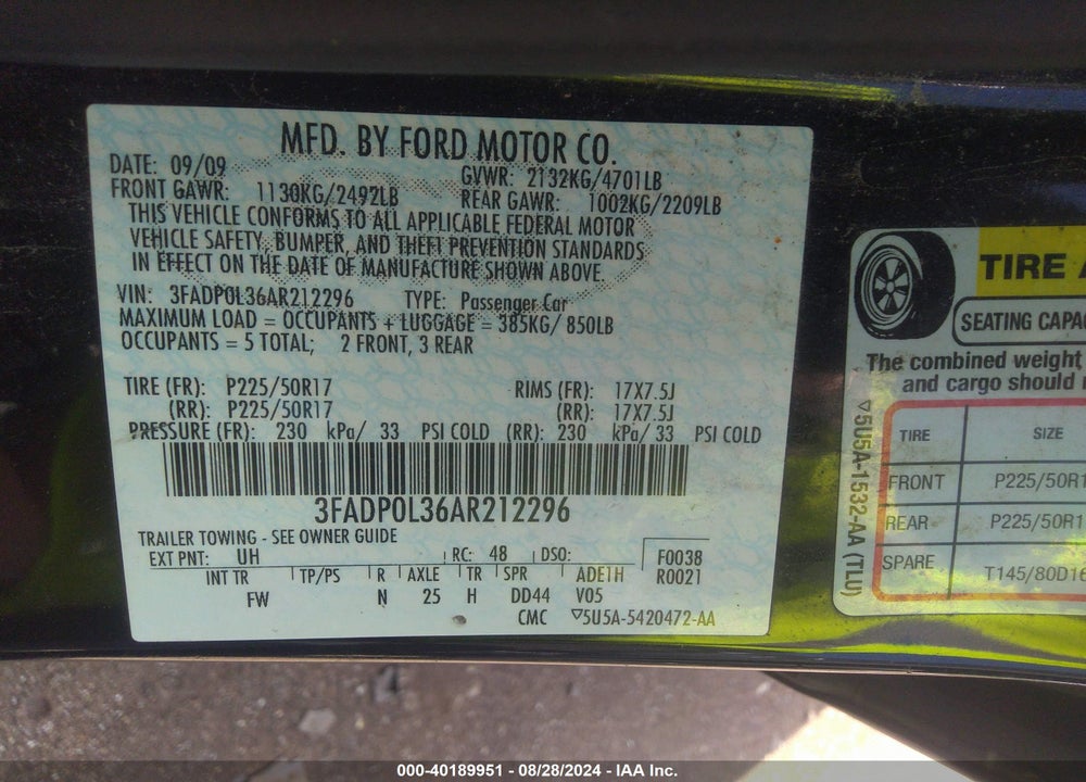 2010 FORD FUSION HYBRID VIN: 3FADP0L36AR212296