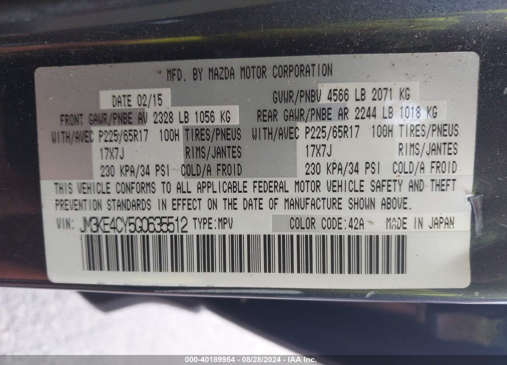 2016 MAZDA CX-5 TOURING VIN: JM3KE4CY5G0635512