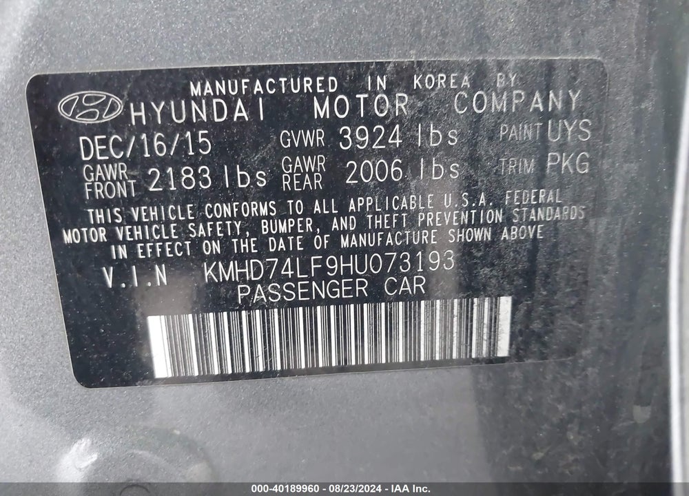 2017 HYUNDAI ELANTRA SE VIN: KMHD74LF9HU073193