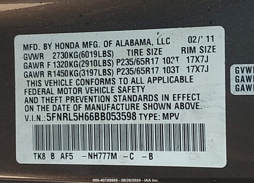 2011 HONDA ODYSSEY EX-L VIN: 5FNRL5H66BB053598