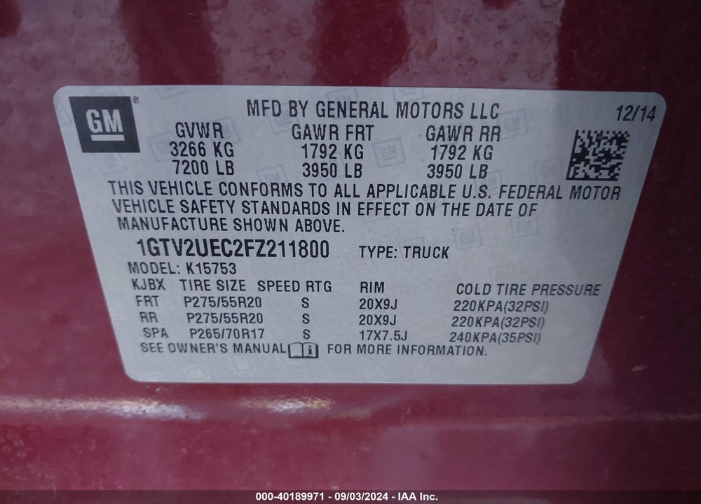 2015 GMC SIERRA 1500 SLE VIN: 1GTV2UEC2FZ211800