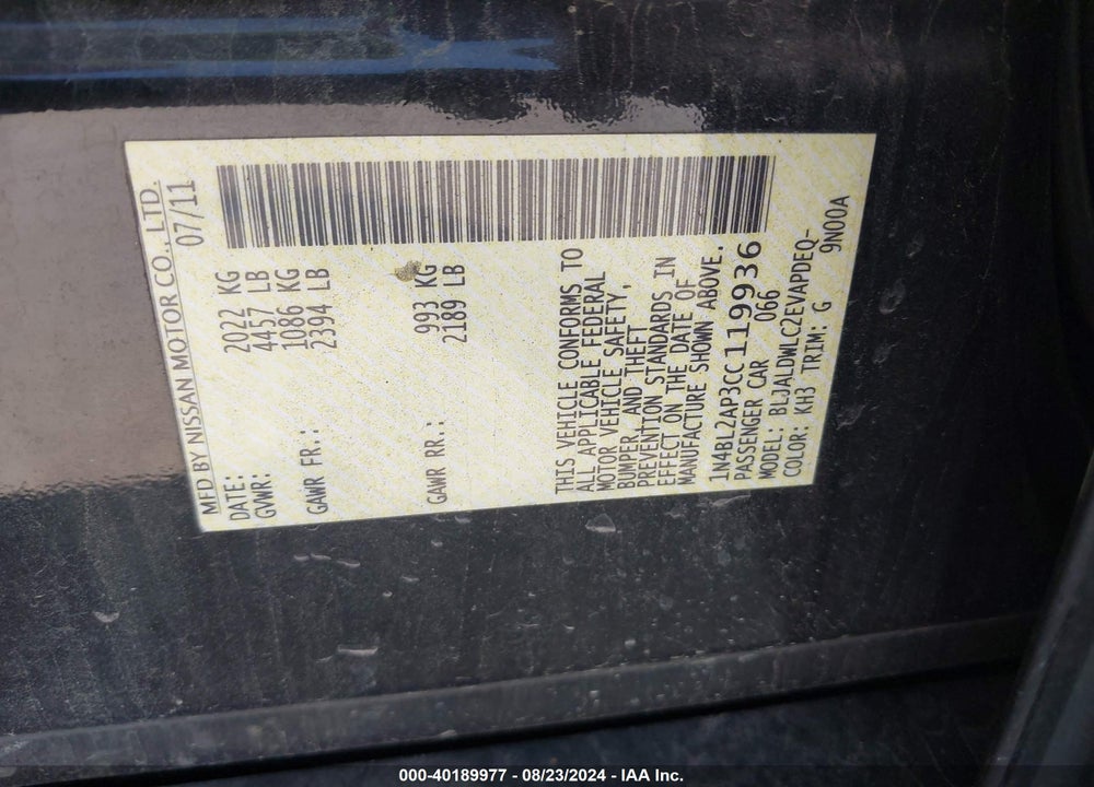 2012 NISSAN ALTIMA 3.5 SR VIN: 1N4BL2AP3CC119936