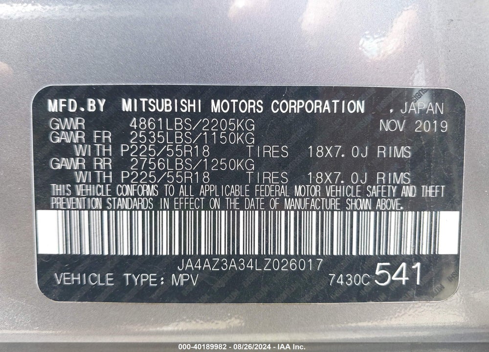 2020 MITSUBISHI OUTLANDER ES 2.4 S-AWC/LE 2.4 S-AWC/SE 2.4 S-AWC/SEL 2.4 S-AWC/SP 2.4 S-AWC VIN: JA4AZ3A34LZ026017