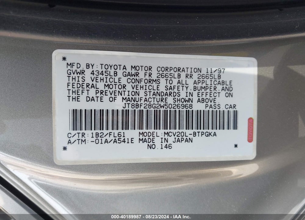 1998 LEXUS ES 300 VIN: JT8BF28G2W5026968