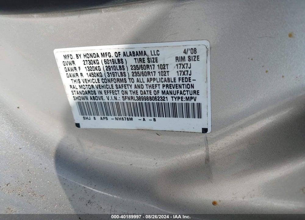 2008 HONDA ODYSSEY TOURING VIN: 5FNRL38998B062321
