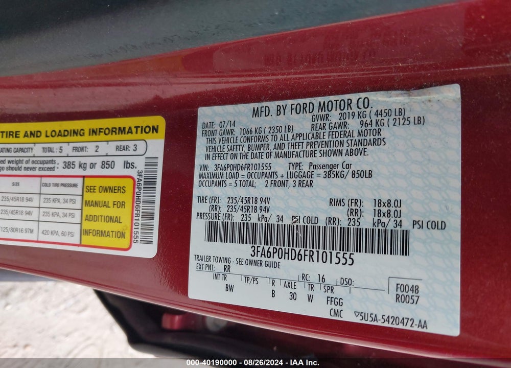 2015 FORD FUSION SE VIN: 3FA6P0HD6FR101555