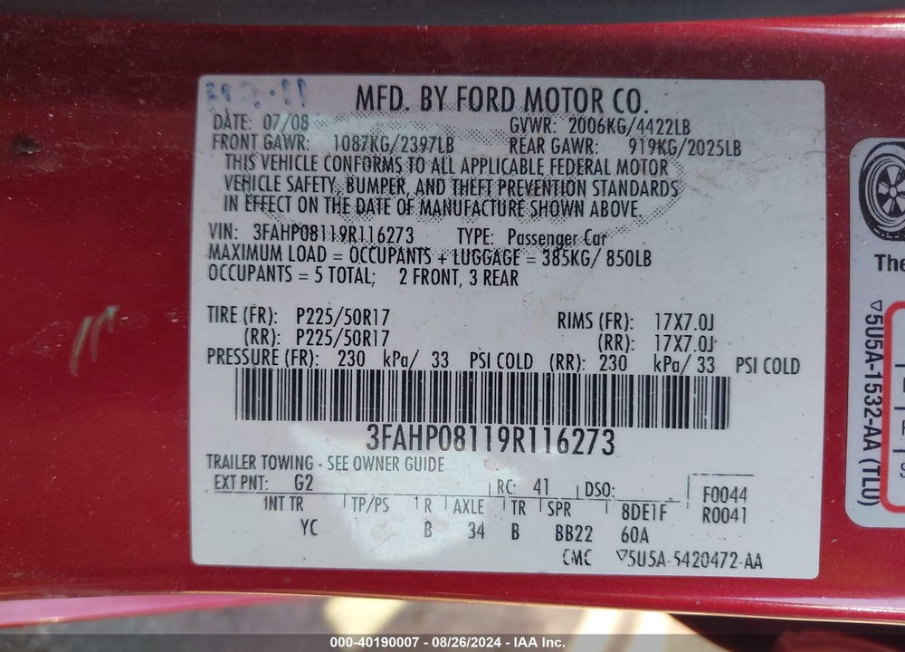 2009 FORD FUSION SEL VIN: 3FAHP08119R116273