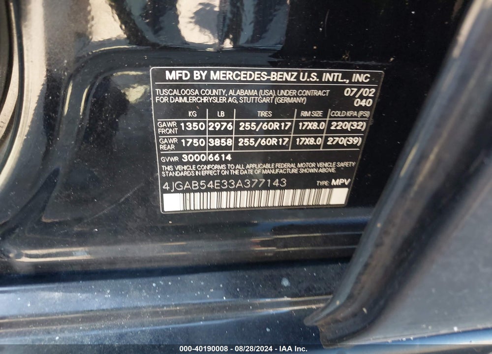2003 MERCEDES-BENZ ML 320 VIN: 4JGAB54E33A377143