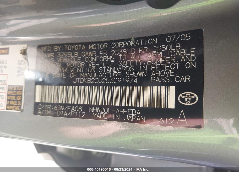 2005 TOYOTA PRIUS VIN: JTDKB20U253091974