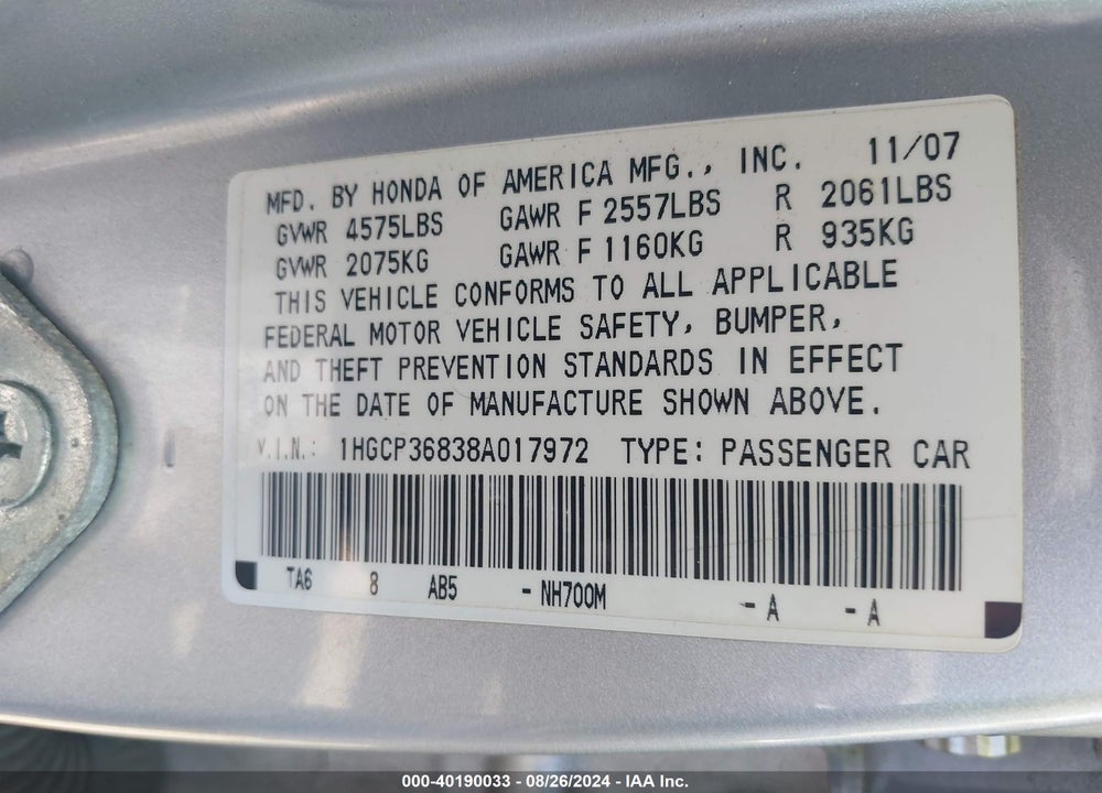 2008 HONDA ACCORD 3.5 EX-L VIN: 1HGCP36838A017972