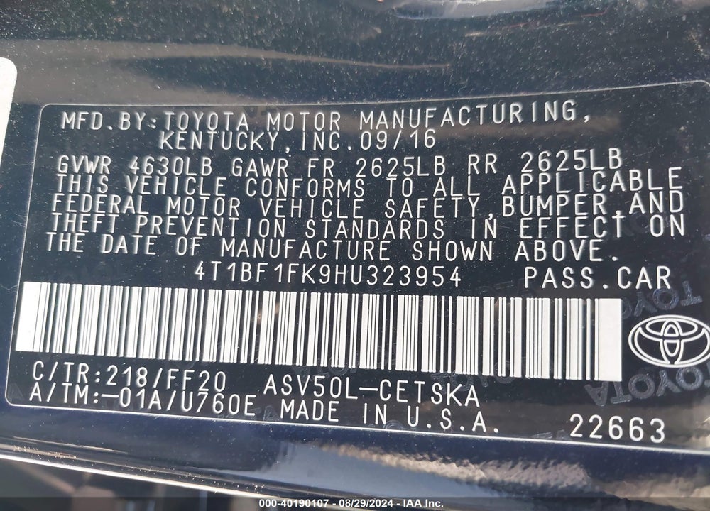 2017 TOYOTA CAMRY VIN: 4T1BF1FK9HU323954