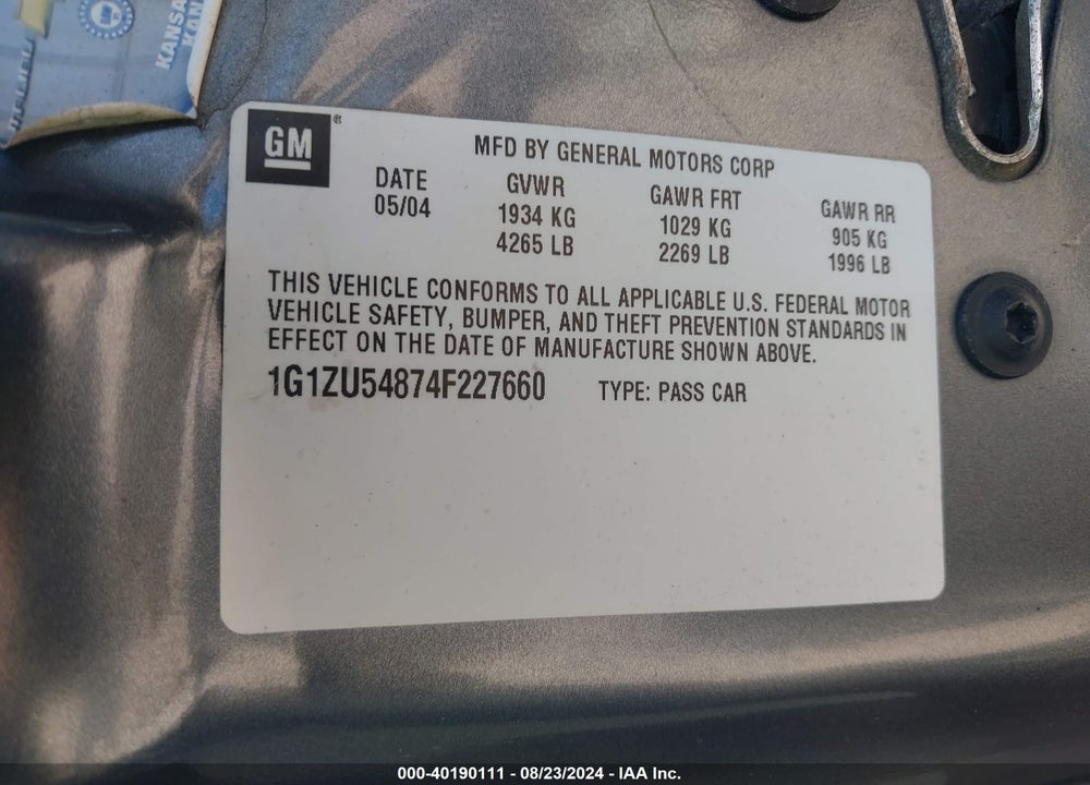 2004 CHEVROLET MALIBU LT VIN: 1G1ZU54874F227660