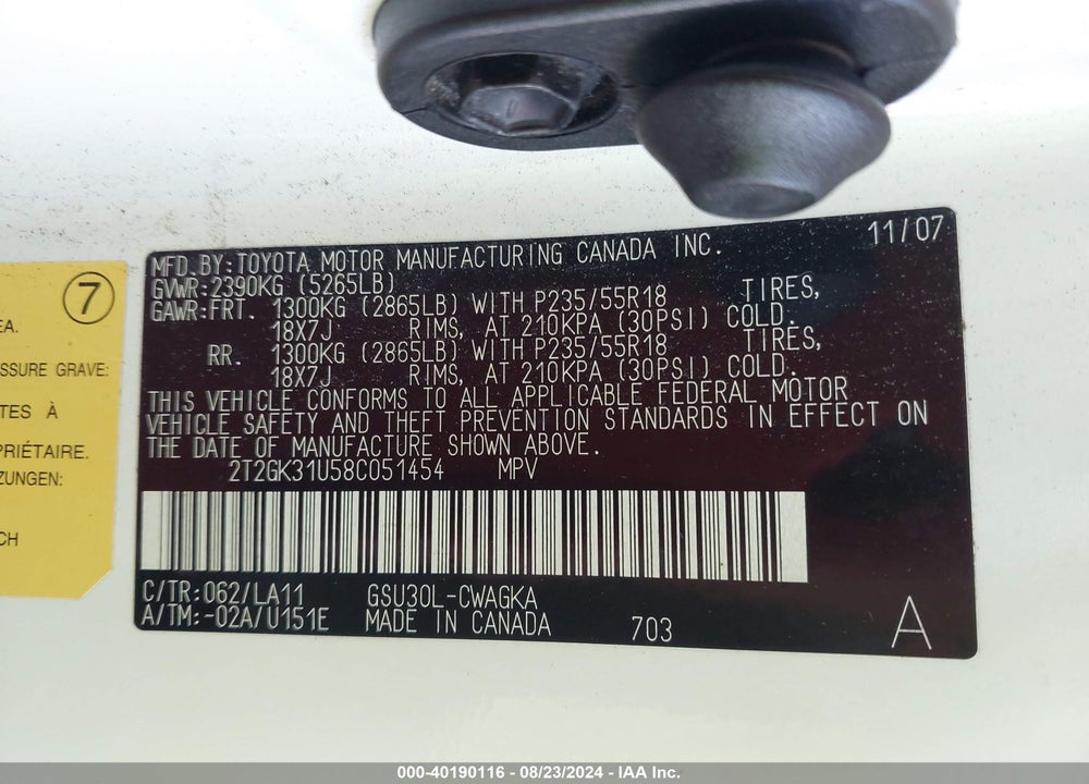 2008 LEXUS RX 350 VIN: 2T2GK31U58C051454