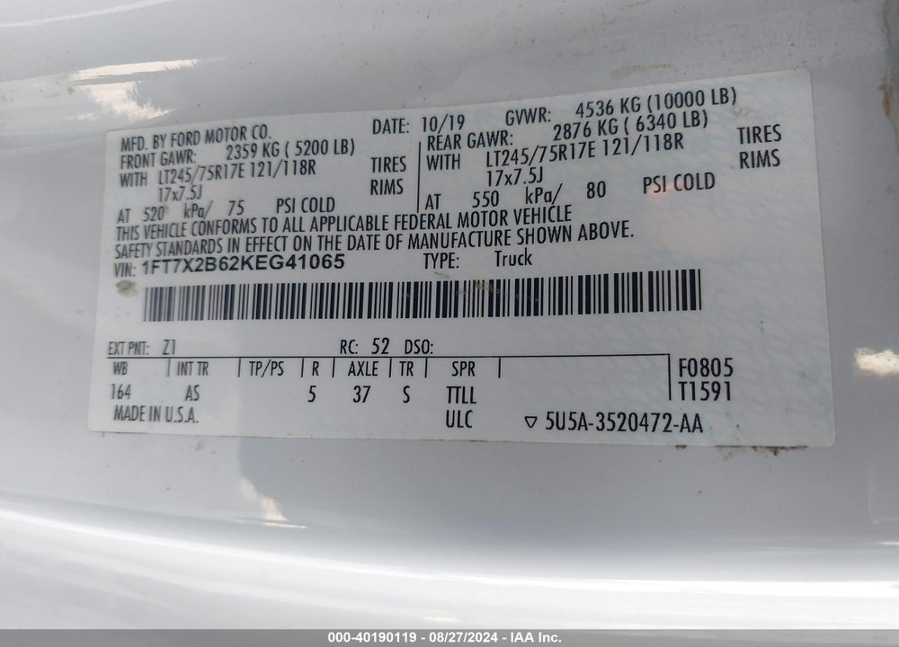 2019 FORD F-250 VIN: 1FT7X2B62KEG41065