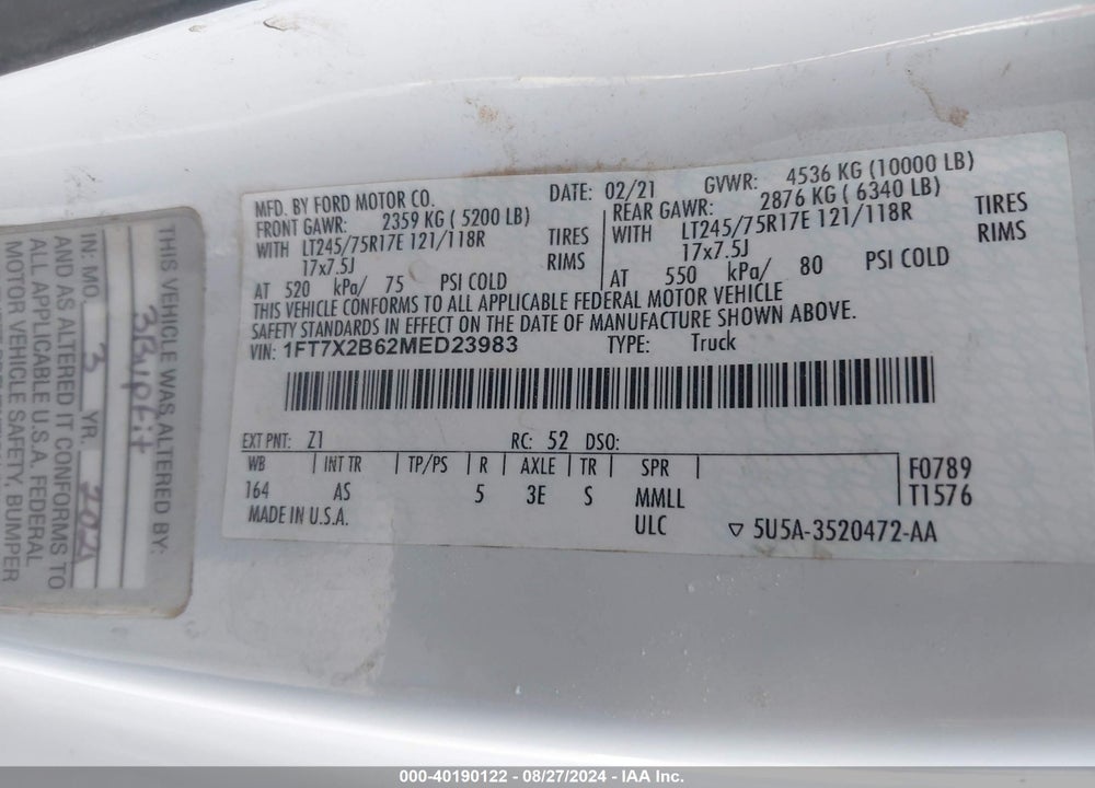 2021 FORD F-250 XL VIN: 1FT7X2B62MED23983