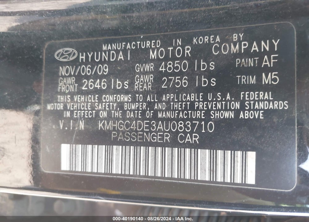 2010 HYUNDAI GENESIS 3.8 VIN: KMHGC4DE3AU083710