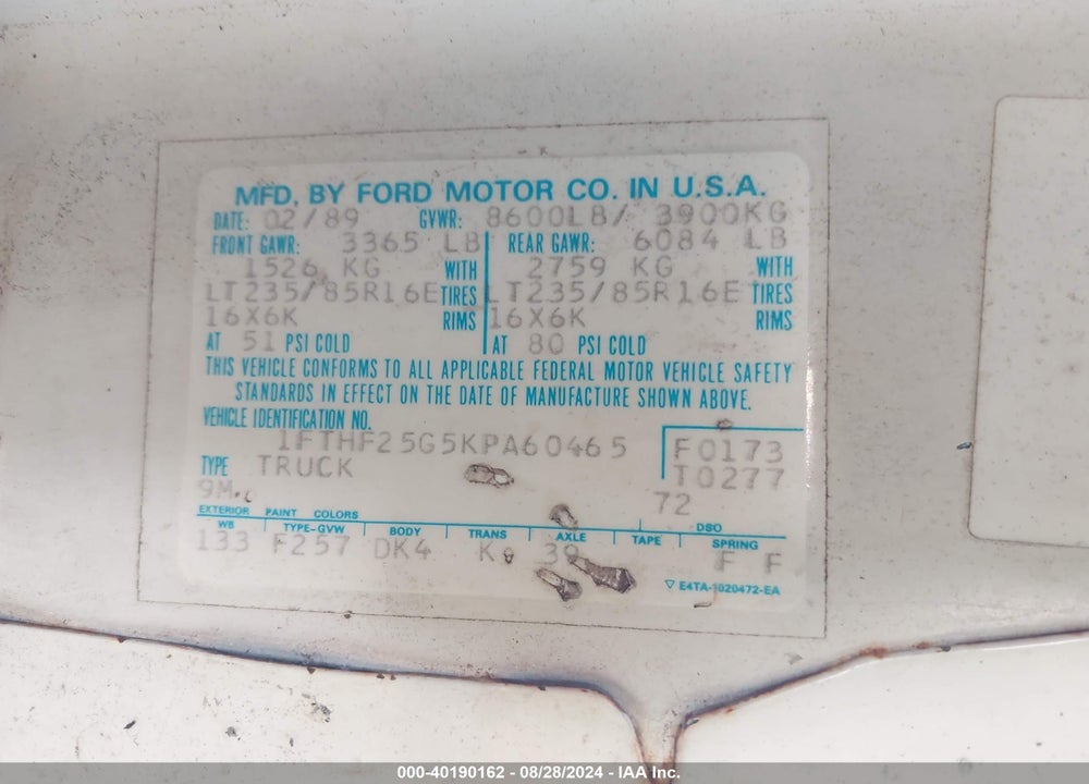 1989 FORD F250 VIN: 1FTHF25G5KPA60465