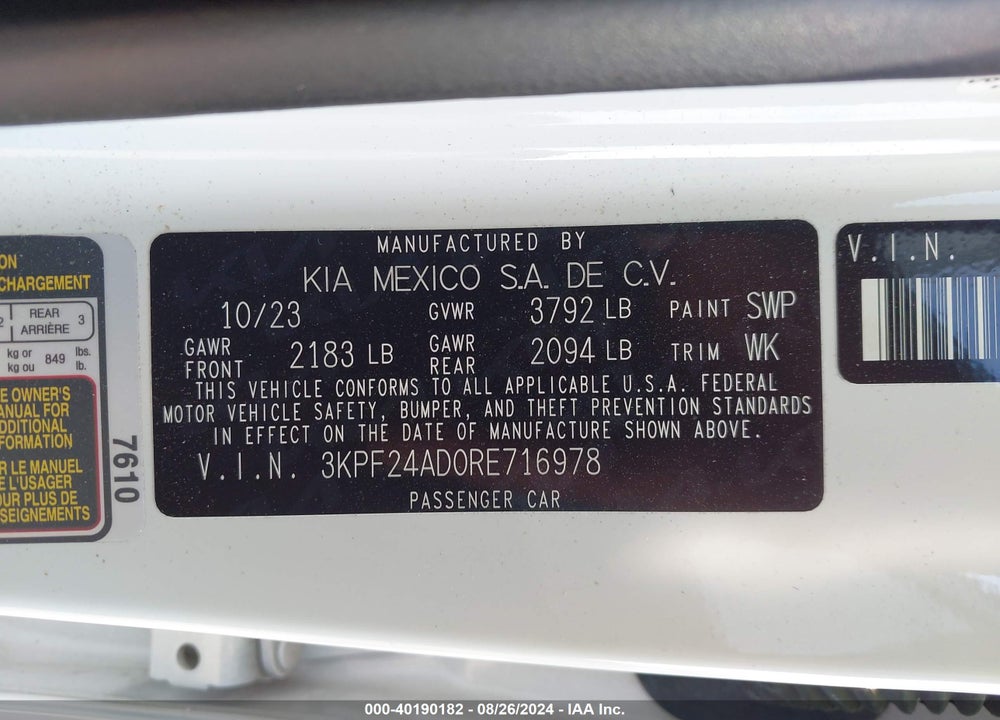 2024 KIA FORTE LXS VIN: 3KPF24AD0RE716978
