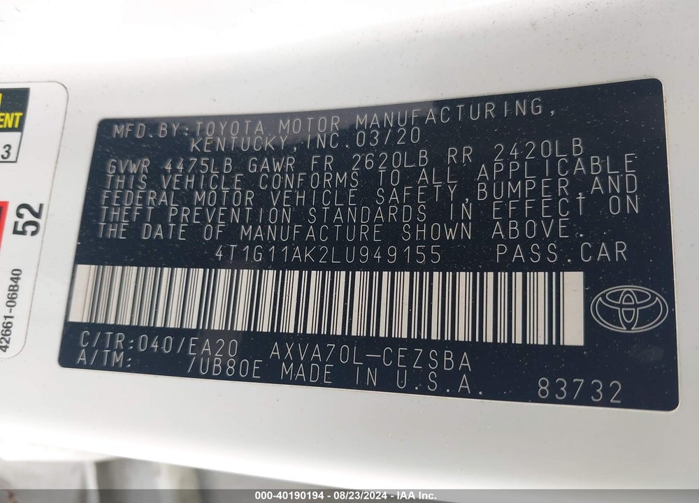 2020 TOYOTA CAMRY SE VIN: 4T1G11AK2LU949155