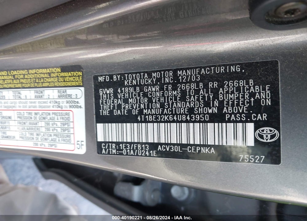 2004 TOYOTA CAMRY LE VIN: 4T1BE32K64U843950