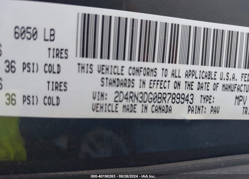 2011 DODGE GRAND CARAVAN MAINSTREET VIN: 2D4RN3DG0BR789943
