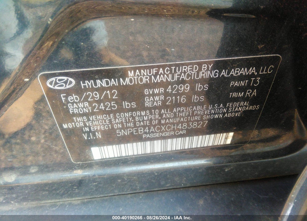 2012 HYUNDAI SONATA GLS VIN: 5NPEB4ACXCH483827