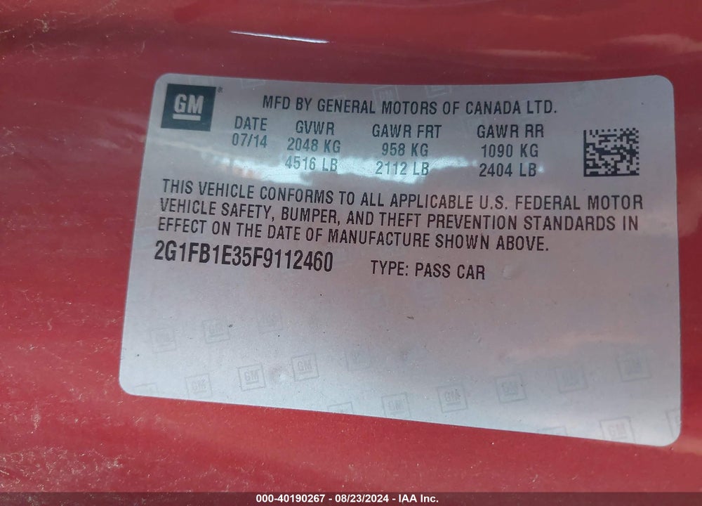 2015 CHEVROLET CAMARO 2LS VIN: 2G1FB1E35F9112460