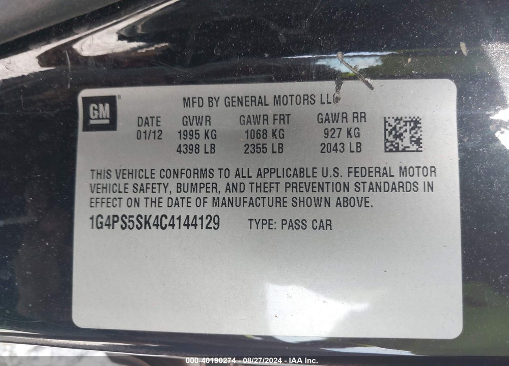 2012 BUICK VERANO LEATHER GROUP VIN: 1G4PS5SK4C4144129