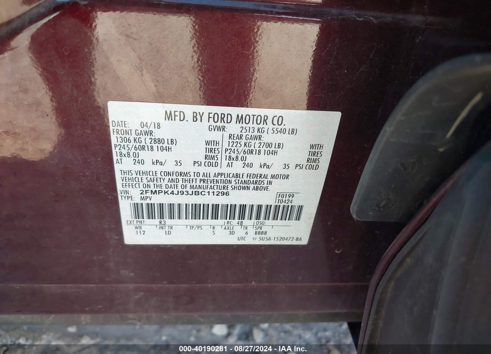 2018 FORD EDGE SEL VIN: 2FMPK4J93JBC11296