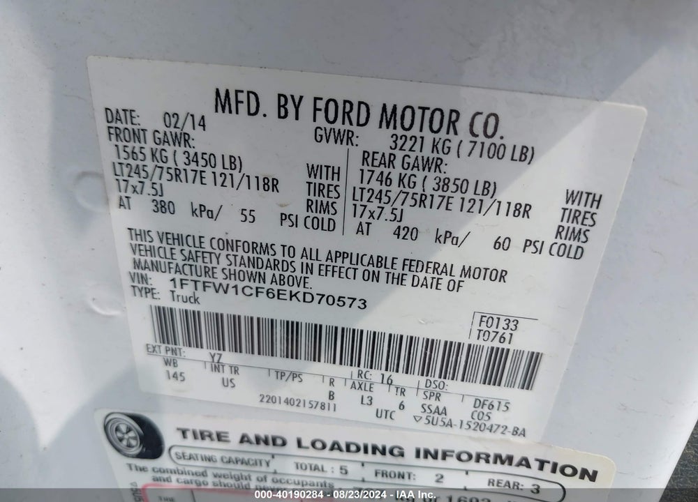 2014 FORD F-150 XL VIN: 1FTFW1CF6EKD70573